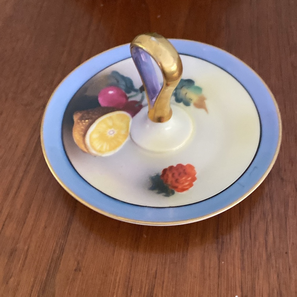 Vintage Noritake Gold and White Fruit Motif Handled Tricket Dish